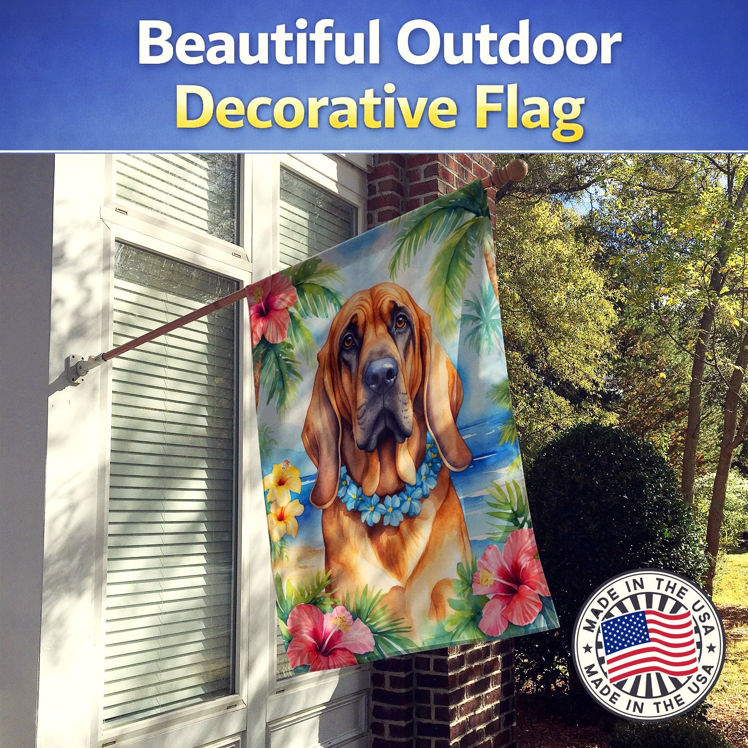 Bloodhound Luau House Flag 28x40 Porch Sleeve Pole Decorative Outside Yard Banner Artwork Wall Hanging, Polyester
