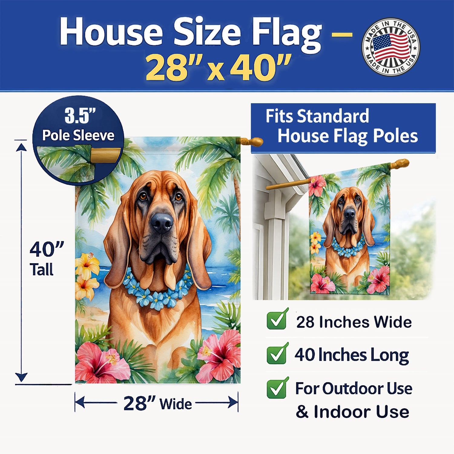 Bloodhound Luau House Flag 28x40 Porch Sleeve Pole Decorative Outside Yard Banner Artwork Wall Hanging, Polyester