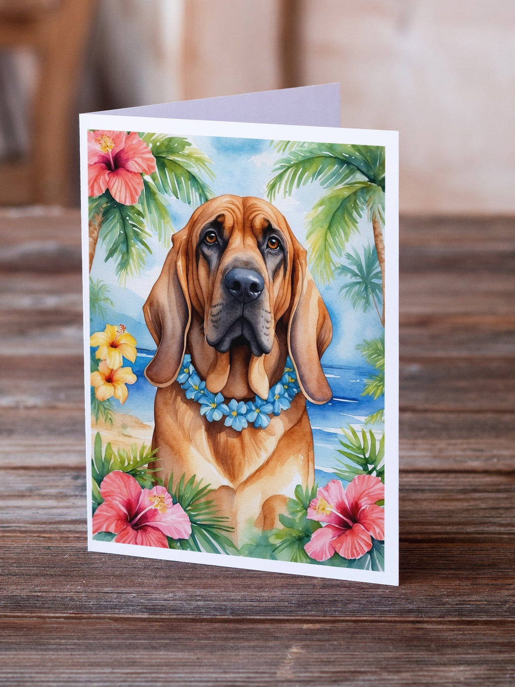 Bloodhound Luau Greeting Cards Pack of 8 Blank Cards with Envelopes Whimsical A7 Size 5x7