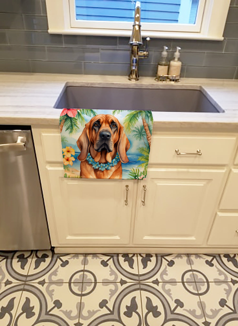Bloodhound Luau Kitchen Towel Velour Plush Front and Cotton Loop Back Machine Washable