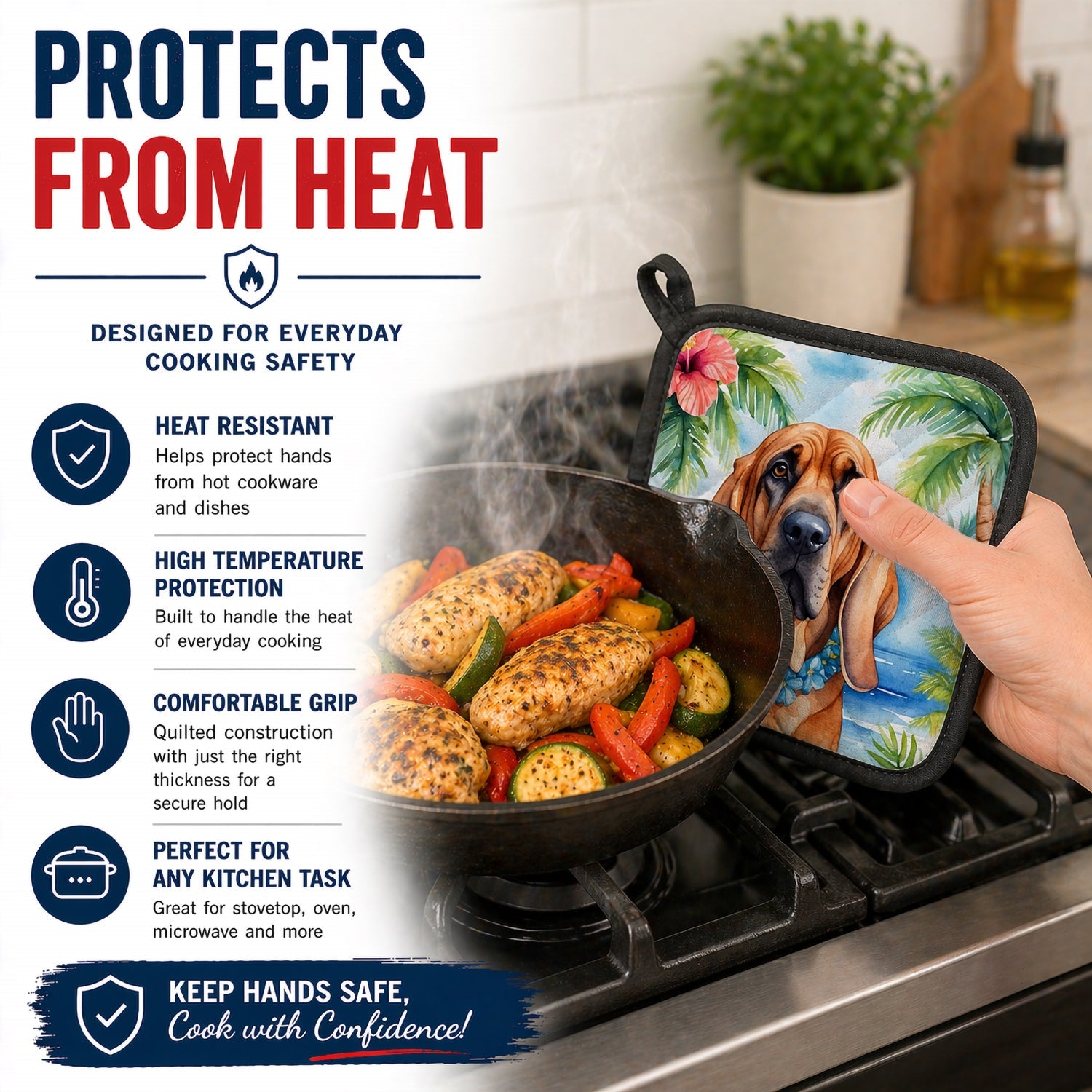 Bloodhound Luau Pot Holder Set of 2 Heat Resistant Quilted Hot Pads 7.5 x 7.5 Inch, Insulated Kitchen Trivets for Cooking & Baking