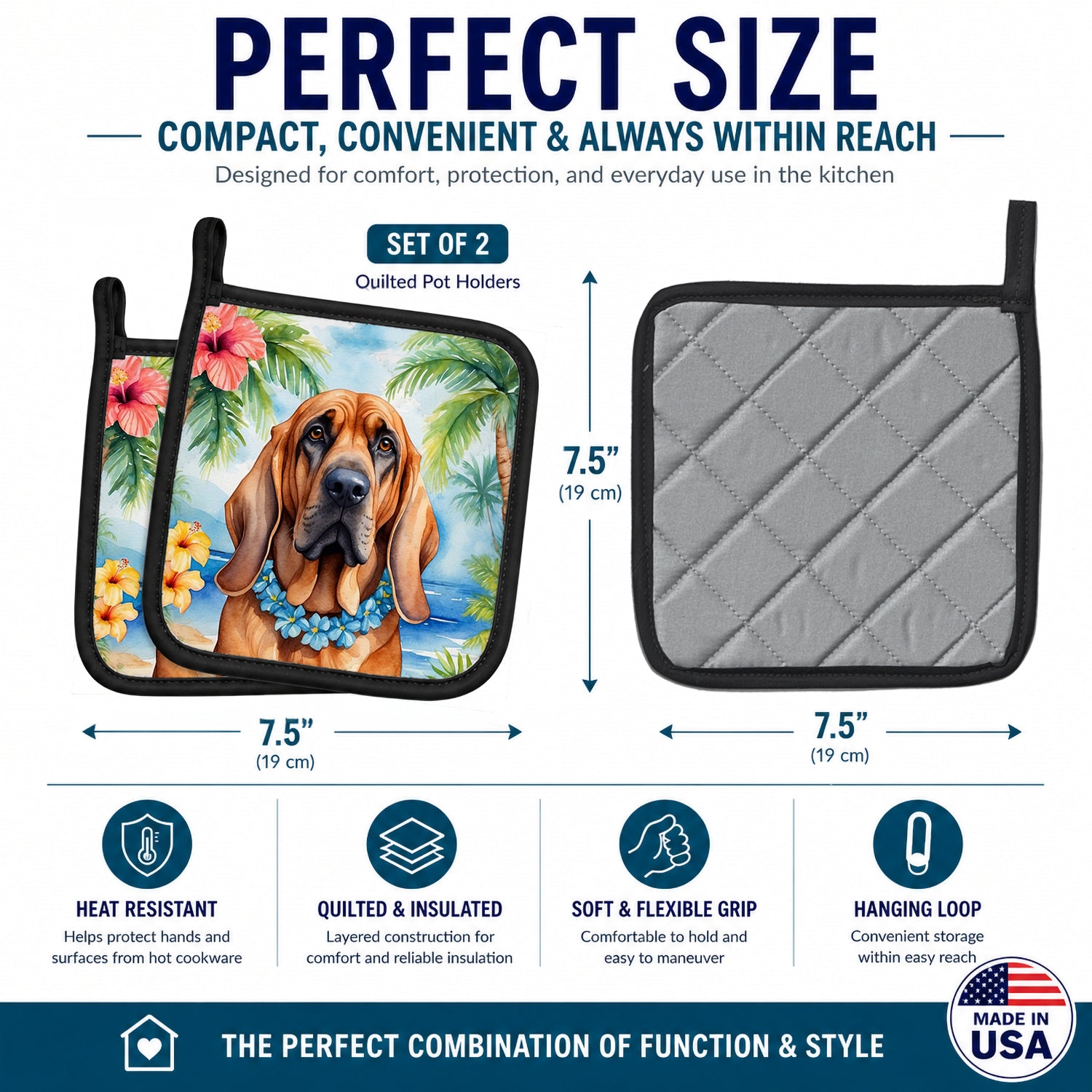 Bloodhound Luau Pot Holder Set of 2 Heat Resistant Quilted Hot Pads 7.5 x 7.5 Inch, Insulated Kitchen Trivets for Cooking & Baking