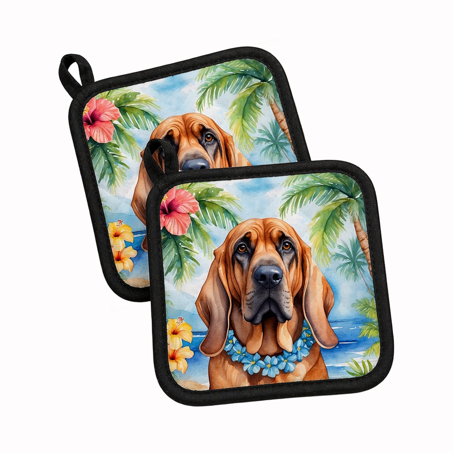 Bloodhound Luau Pot Holder Set of 2 Heat Resistant Quilted Hot Pads 7.5 x 7.5 Inch, Insulated Kitchen Trivets for Cooking & Baking