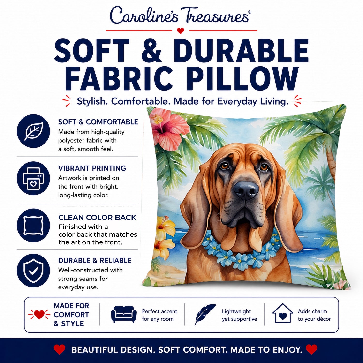 Bloodhound Luau Decorative Throw Pillow 14x14 Indoor Outdoor Accent Cushion, Fabric Cover with Insert for Sofa, Bed, Porch & Living Room