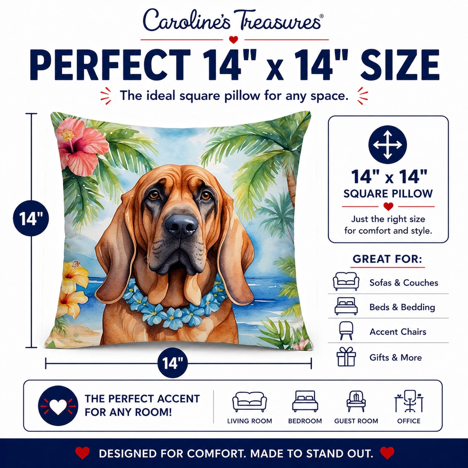 Bloodhound Luau Decorative Throw Pillow 14x14 Indoor Outdoor Accent Cushion, Fabric Cover with Insert for Sofa, Bed, Porch & Living Room