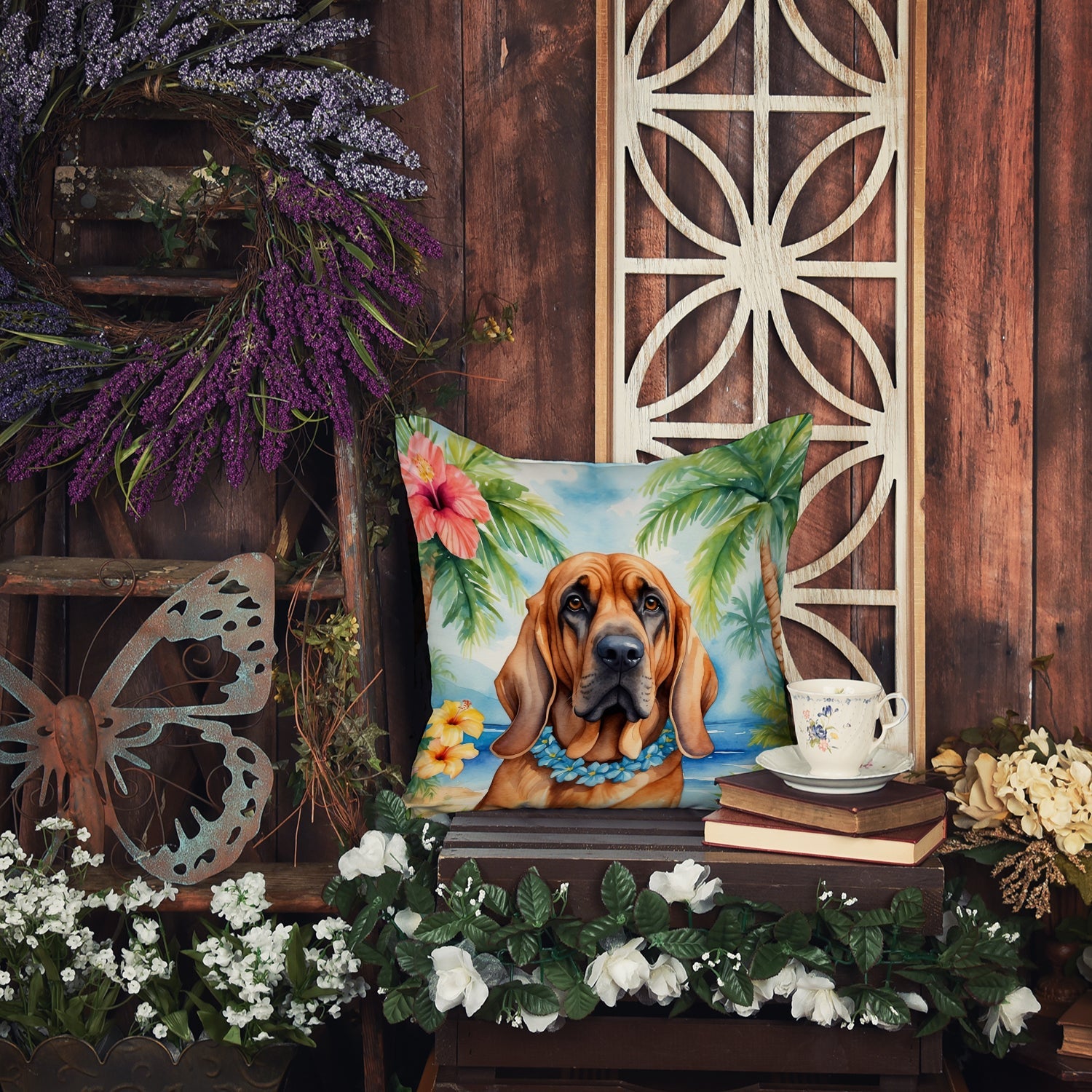 Bloodhound Luau Decorative Throw Pillow 18x18 Indoor Outdoor Accent Cushion, Fabric Cover with Insert for Sofa, Bed, Porch & Living Room