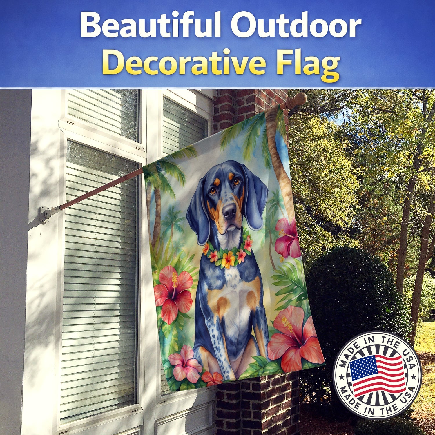 Bluetick Coonhound Luau House Flag 28x40 Porch Sleeve Pole Decorative Outside Yard Banner Artwork Wall Hanging, Polyester