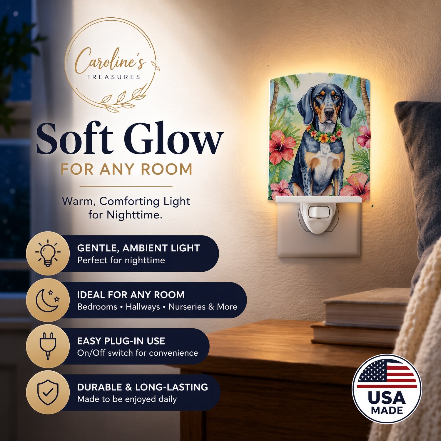 Bluetick Coonhound Luau Ceramic Night Light Compact, UL-Certified, Ideal for Bedroom, Bathroom, Nursery, Hallway, Kitchen, 6x4x3, Multicolor