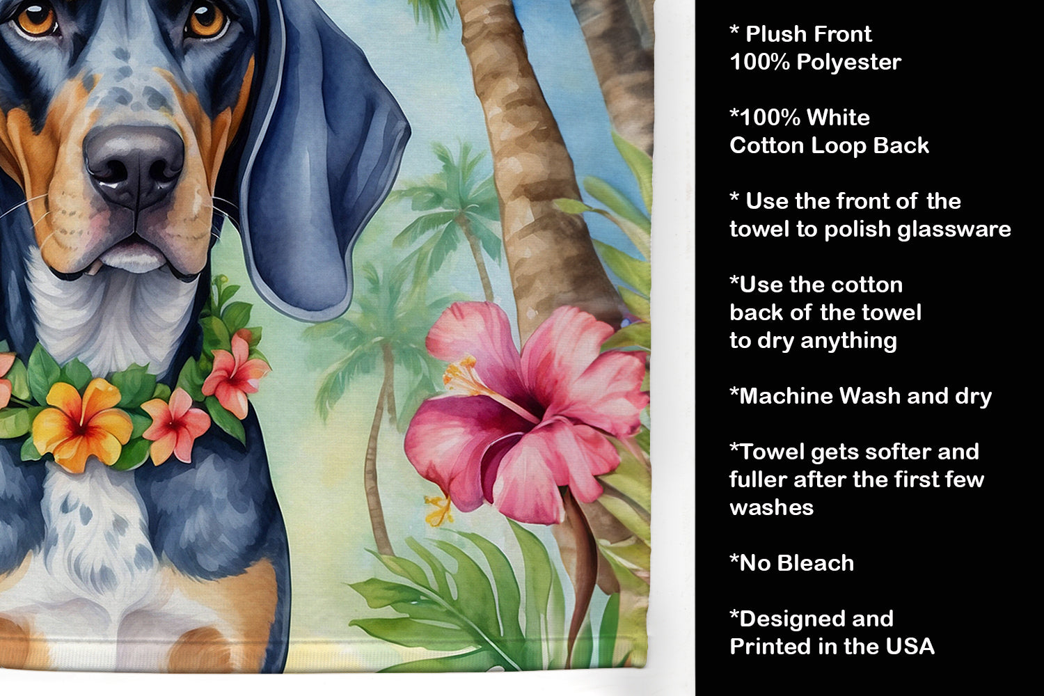 Bluetick Coonhound Luau Kitchen Towel Velour Plush Front and Cotton Loop Back Machine Washable