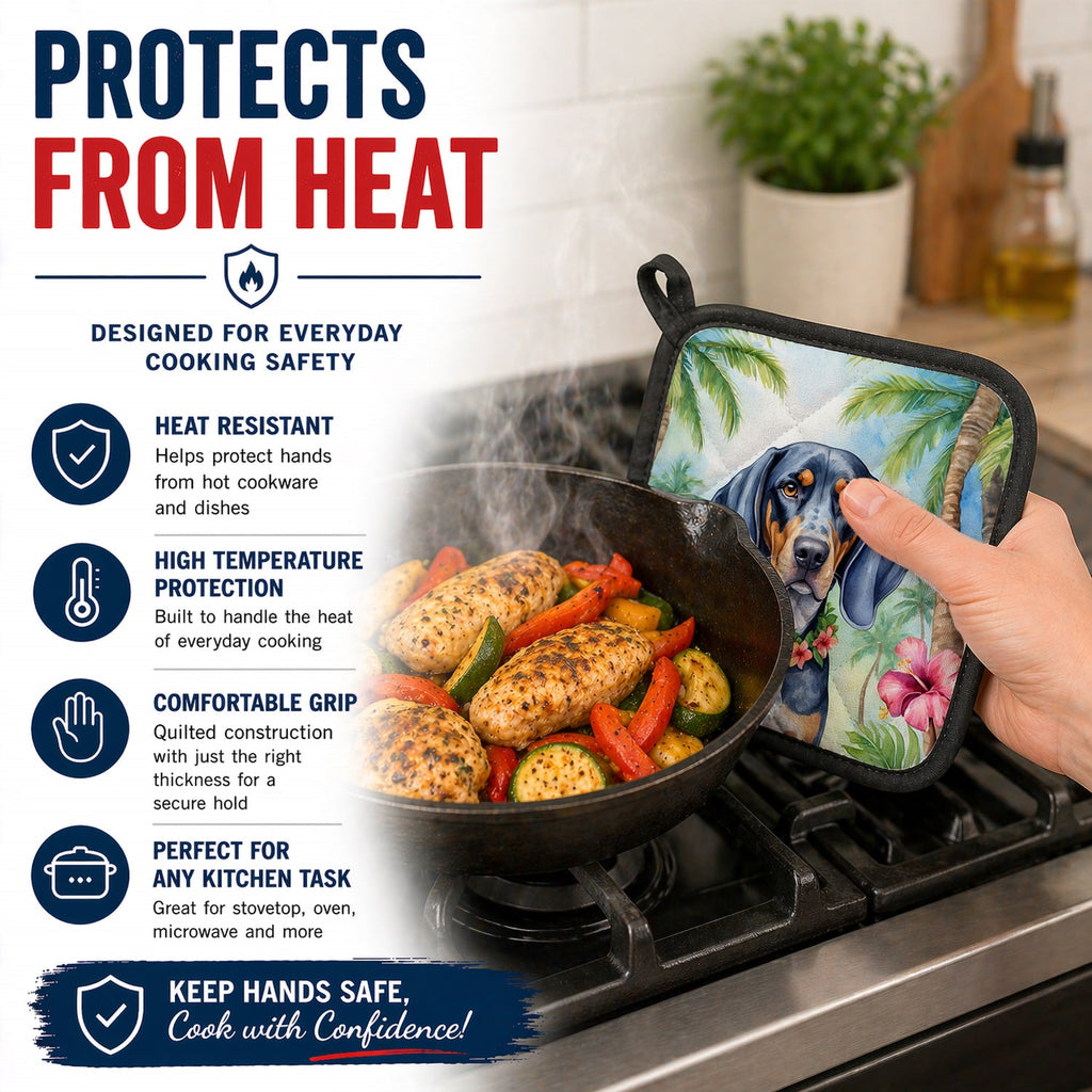 Bluetick Coonhound Luau Pot Holder Set of 2 Heat Resistant Quilted Hot Pads 7.5 x 7.5 Inch, Insulated Kitchen Trivets for Cooking & Baking