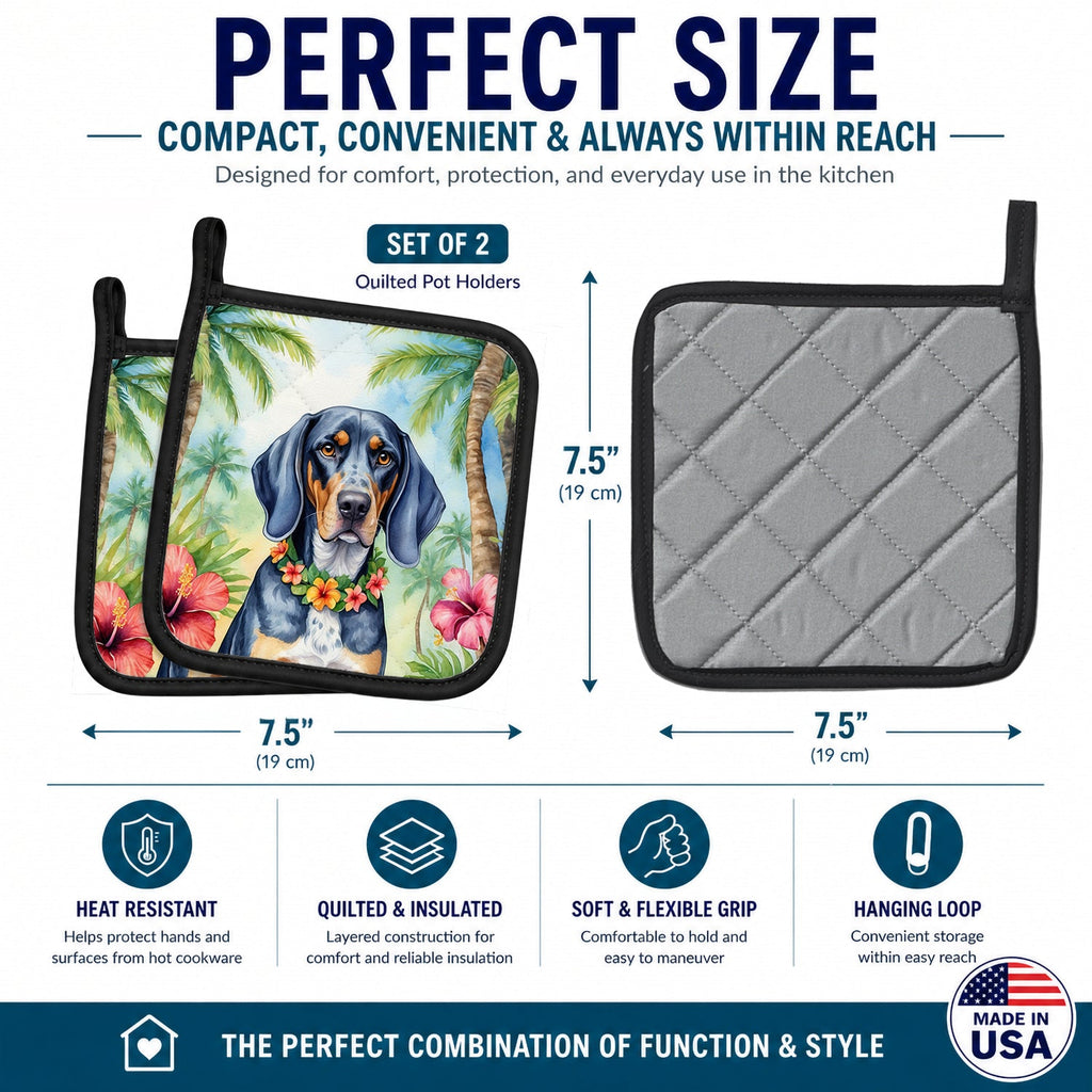 Bluetick Coonhound Luau Pot Holder Set of 2 Heat Resistant Quilted Hot Pads 7.5 x 7.5 Inch, Insulated Kitchen Trivets for Cooking & Baking