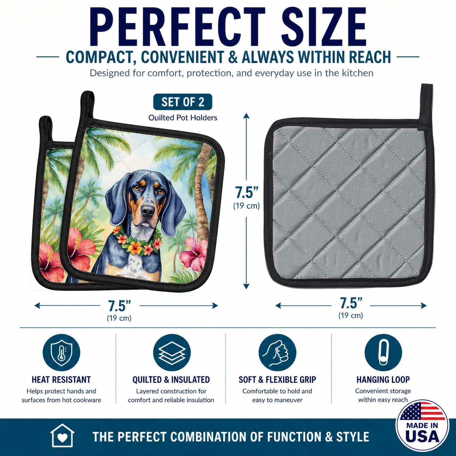 Bluetick Coonhound Luau Pot Holder Set of 2 Heat Resistant Quilted Hot Pads 7.5 x 7.5 Inch, Insulated Kitchen Trivets for Cooking & Baking