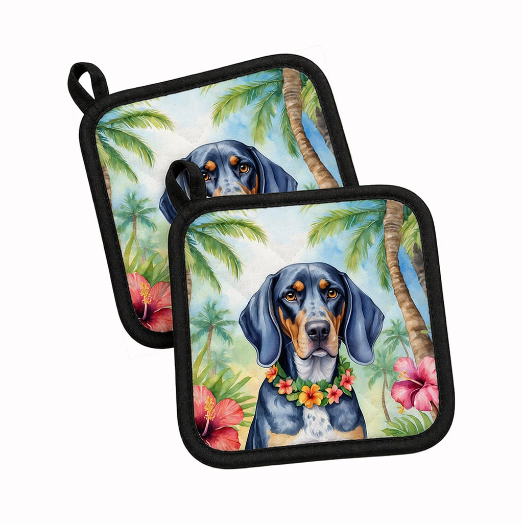 Bluetick Coonhound Luau Pot Holder Set of 2 Heat Resistant Quilted Hot Pads 7.5 x 7.5 Inch, Insulated Kitchen Trivets for Cooking & Baking