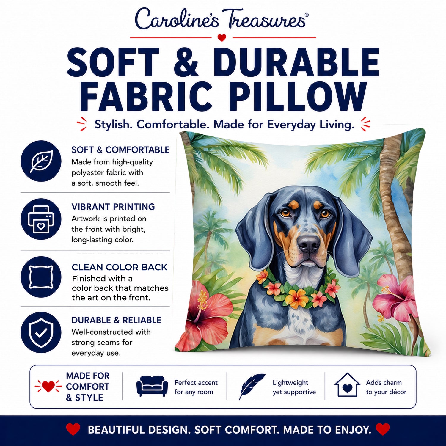 Bluetick Coonhound Luau Decorative Throw Pillow 14x14 Indoor Outdoor Accent Cushion, Fabric Cover with Insert for Sofa, Bed, Porch & Living Room