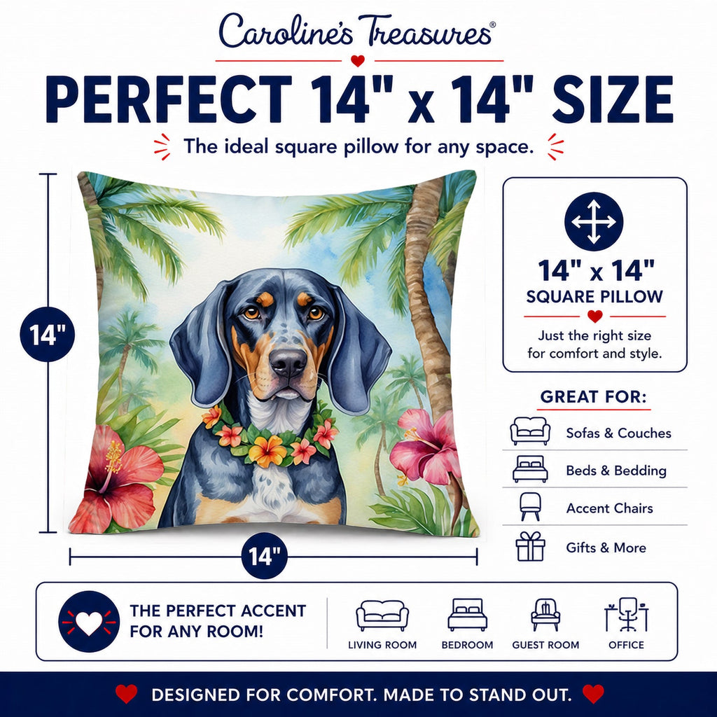 Bluetick Coonhound Luau Decorative Throw Pillow 14x14 Indoor Outdoor Accent Cushion, Fabric Cover with Insert for Sofa, Bed, Porch & Living Room