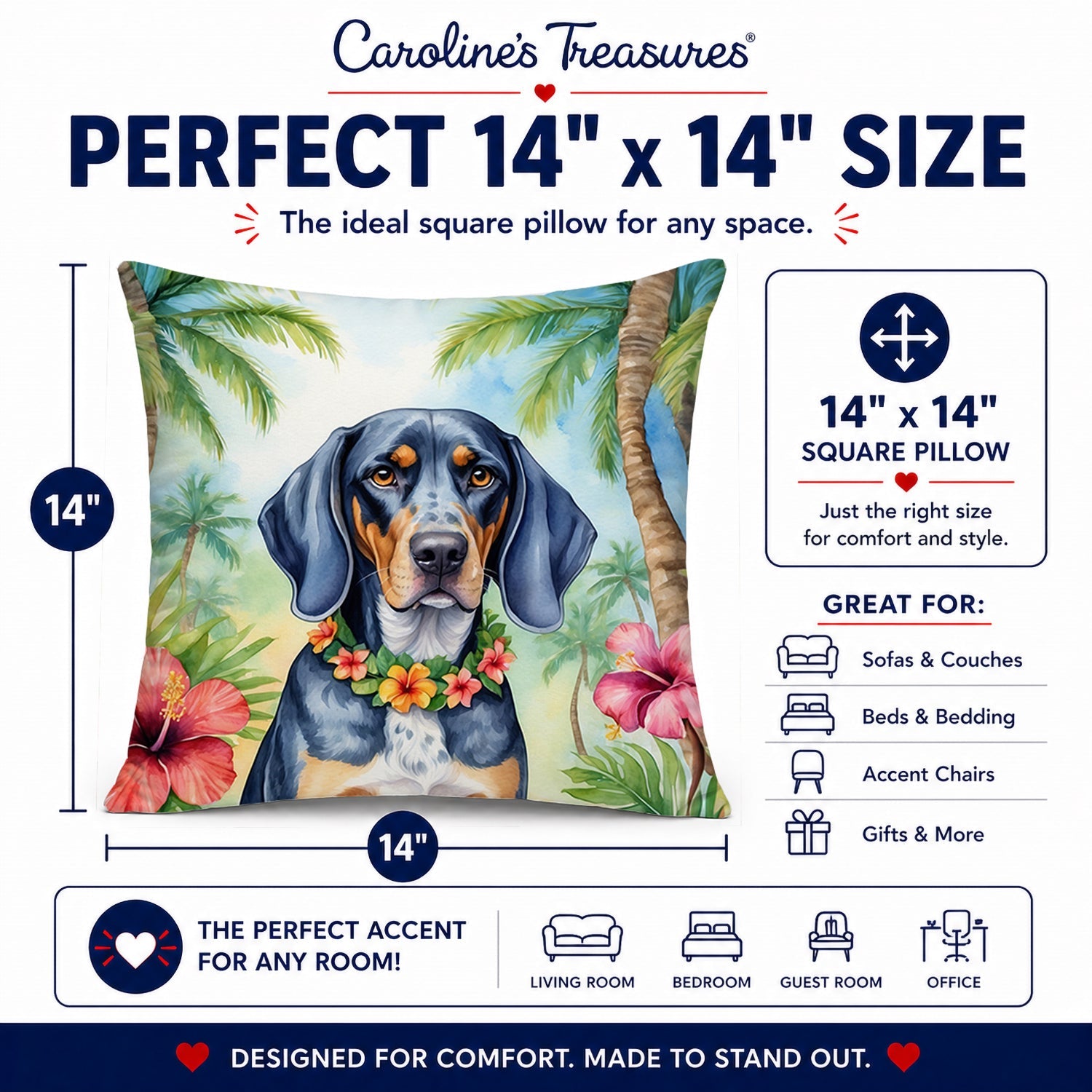 Bluetick Coonhound Luau Decorative Throw Pillow 14x14 Indoor Outdoor Accent Cushion, Fabric Cover with Insert for Sofa, Bed, Porch & Living Room