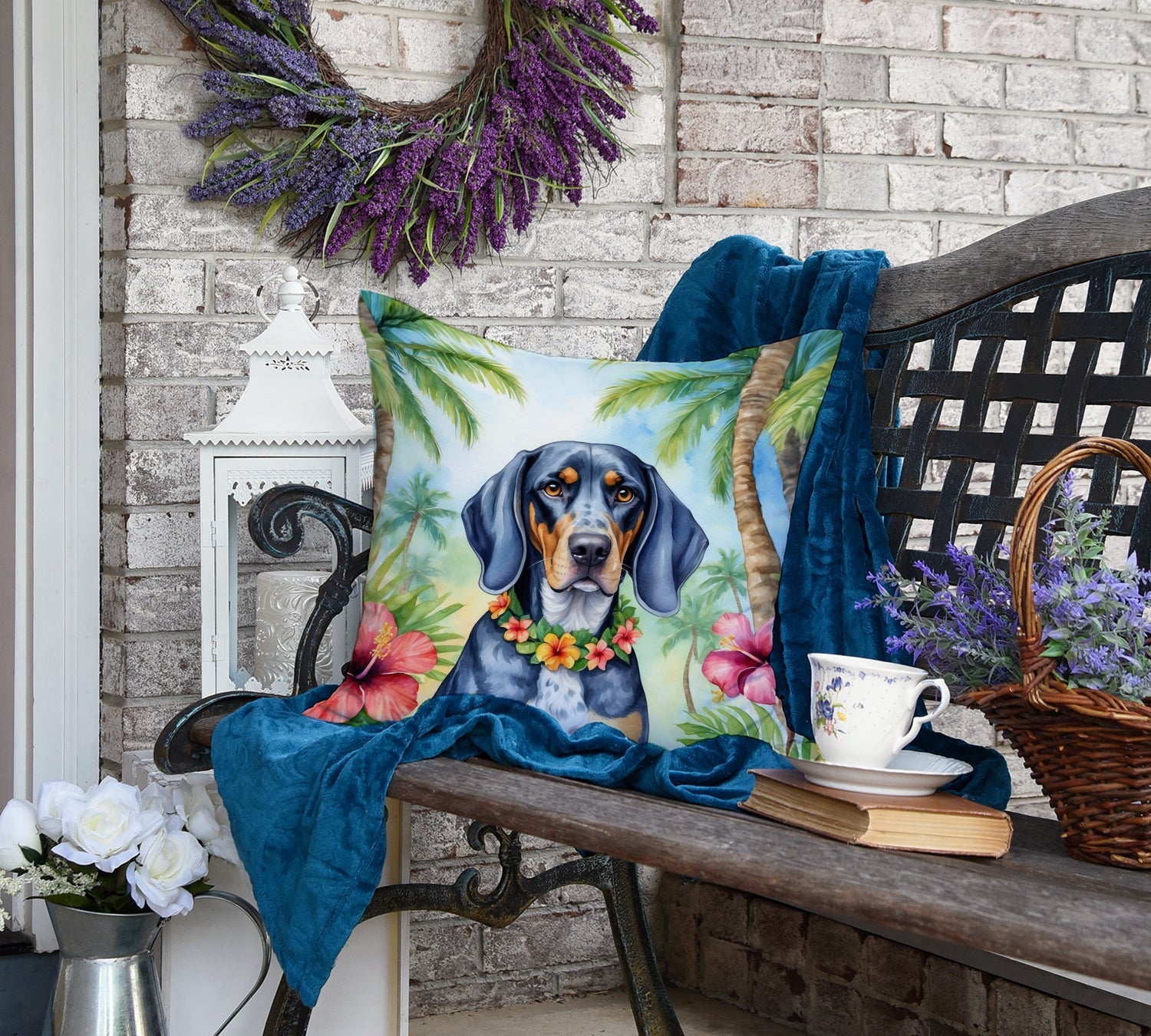 Bluetick Coonhound Luau Decorative Throw Pillow 18x18 Indoor Outdoor Accent Cushion, Fabric Cover with Insert for Sofa, Bed, Porch & Living Room