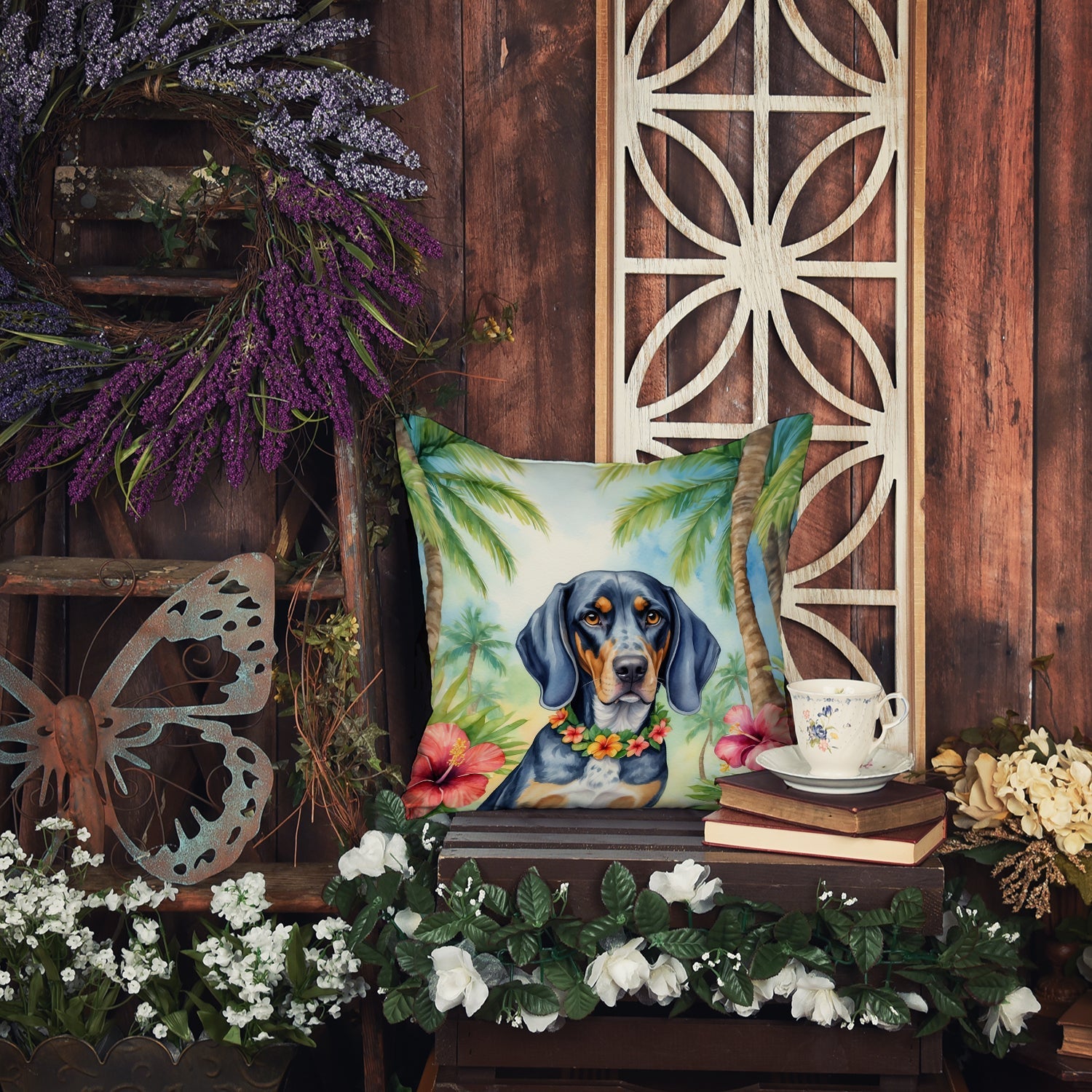Bluetick Coonhound Luau Decorative Throw Pillow 18x18 Indoor Outdoor Accent Cushion, Fabric Cover with Insert for Sofa, Bed, Porch & Living Room