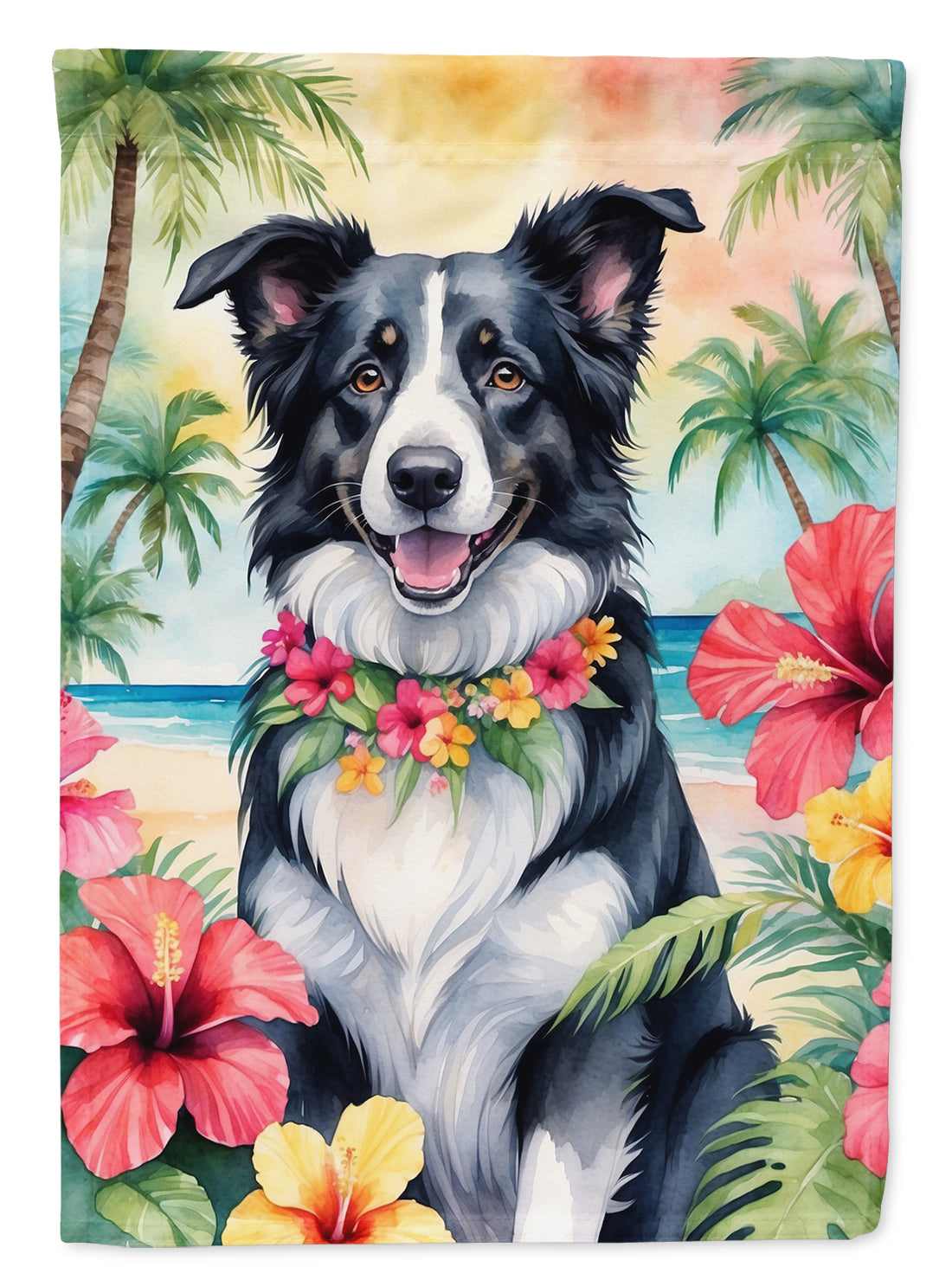 Border Collie Luau House Flag 28x40 Porch Sleeve Pole Decorative Outside Yard Banner Artwork Wall Hanging, Polyester