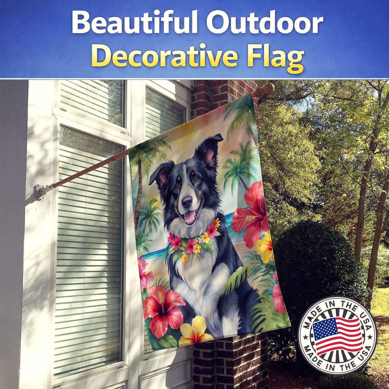 Border Collie Luau House Flag 28x40 Porch Sleeve Pole Decorative Outside Yard Banner Artwork Wall Hanging, Polyester