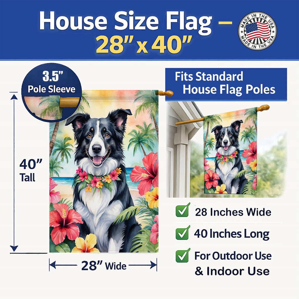 Border Collie Luau House Flag 28x40 Porch Sleeve Pole Decorative Outside Yard Banner Artwork Wall Hanging, Polyester