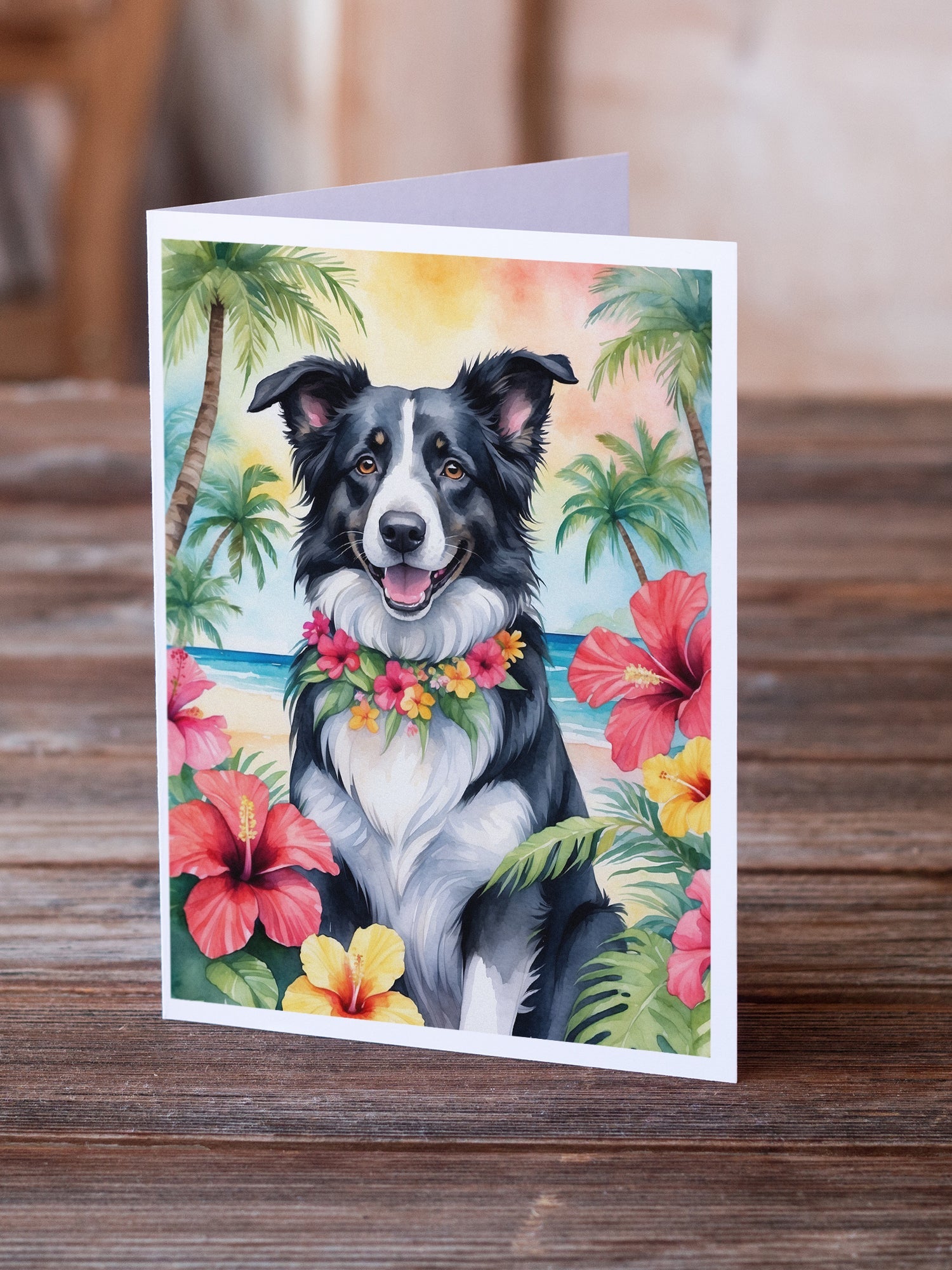 Border Collie Luau Greeting Cards Pack of 8 Blank Cards with Envelopes Whimsical A7 Size 5x7