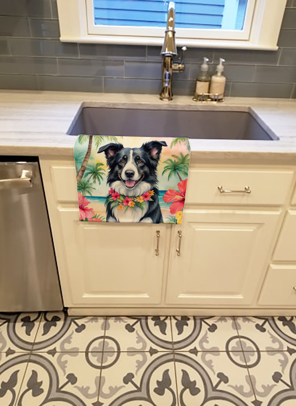 Border Collie Luau Kitchen Towel Velour Plush Front and Cotton Loop Back Machine Washable