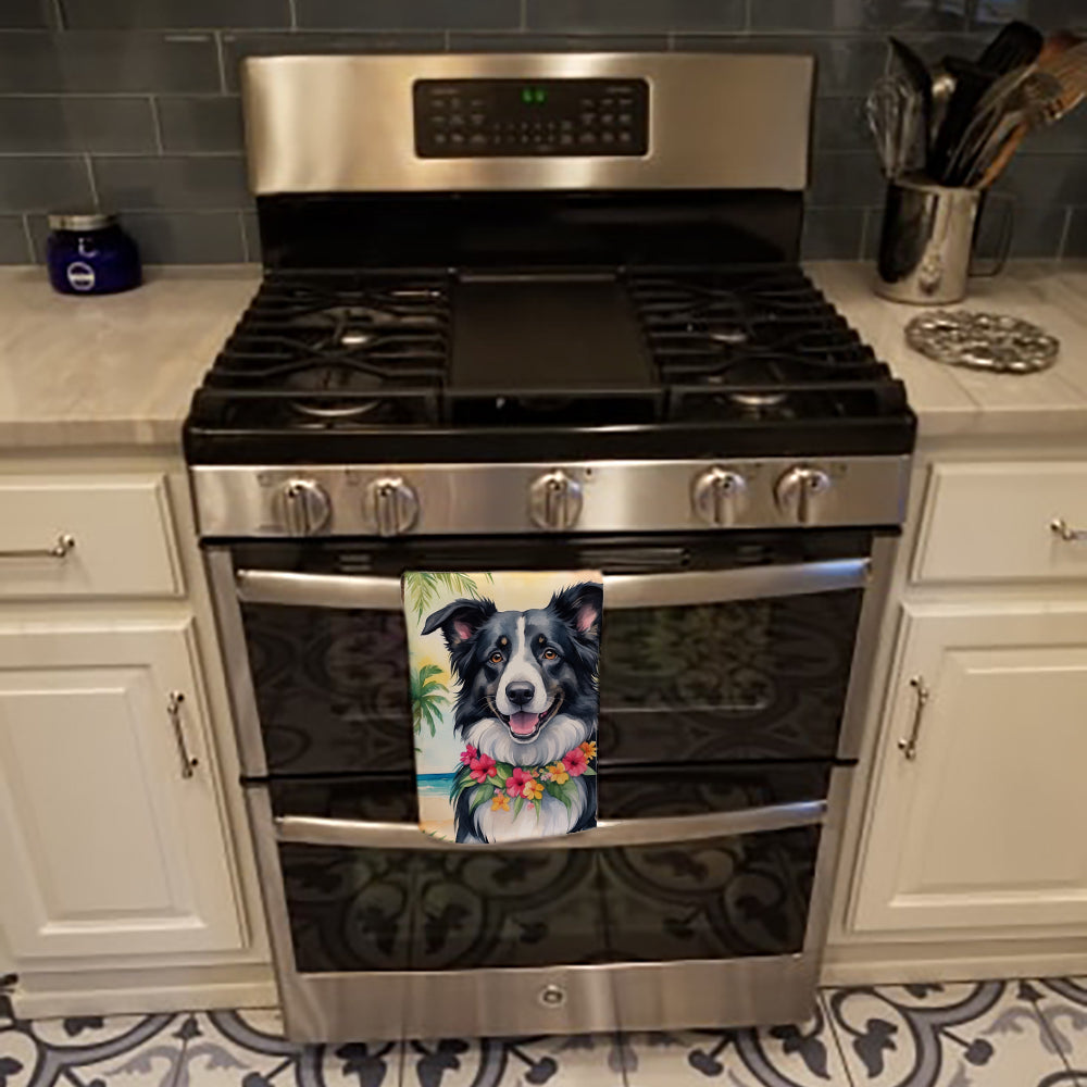 Border Collie Luau Kitchen Towel Velour Plush Front and Cotton Loop Back Machine Washable