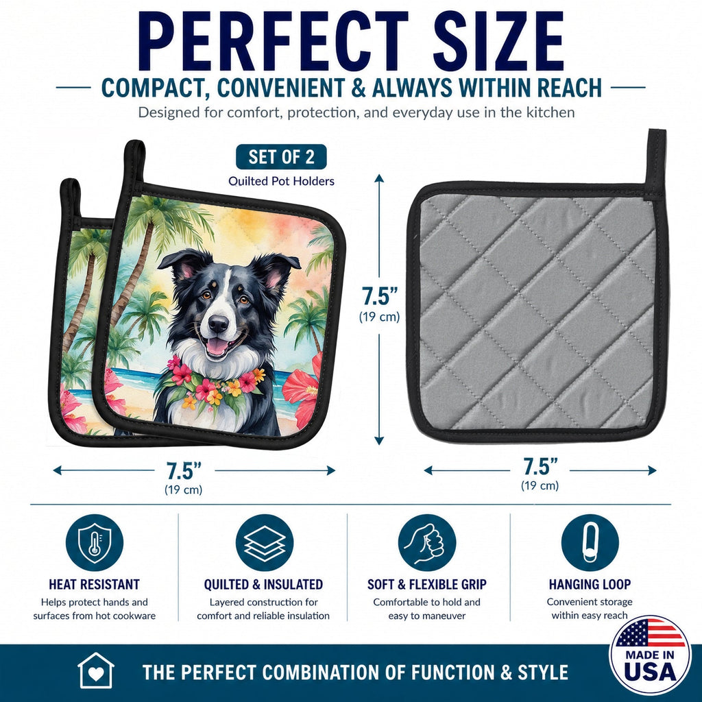 Border Collie Luau Pot Holder Set of 2 Heat Resistant Quilted Hot Pads 7.5 x 7.5 Inch, Insulated Kitchen Trivets for Cooking & Baking