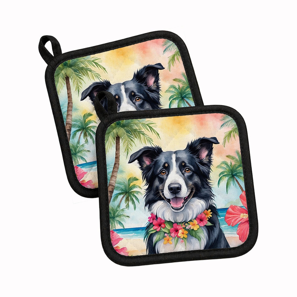 Border Collie Luau Pot Holder Set of 2 Heat Resistant Quilted Hot Pads 7.5 x 7.5 Inch, Insulated Kitchen Trivets for Cooking & Baking