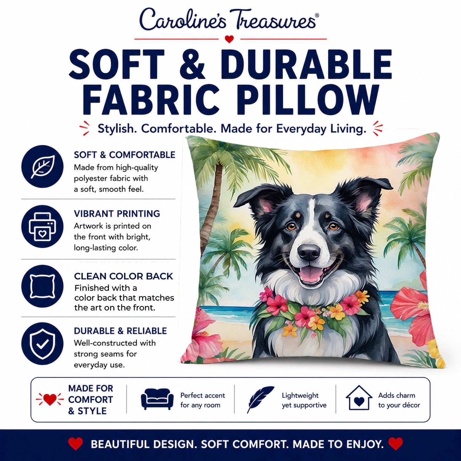 Border Collie Luau Decorative Throw Pillow 14x14 Indoor Outdoor Accent Cushion, Fabric Cover with Insert for Sofa, Bed, Porch & Living Room