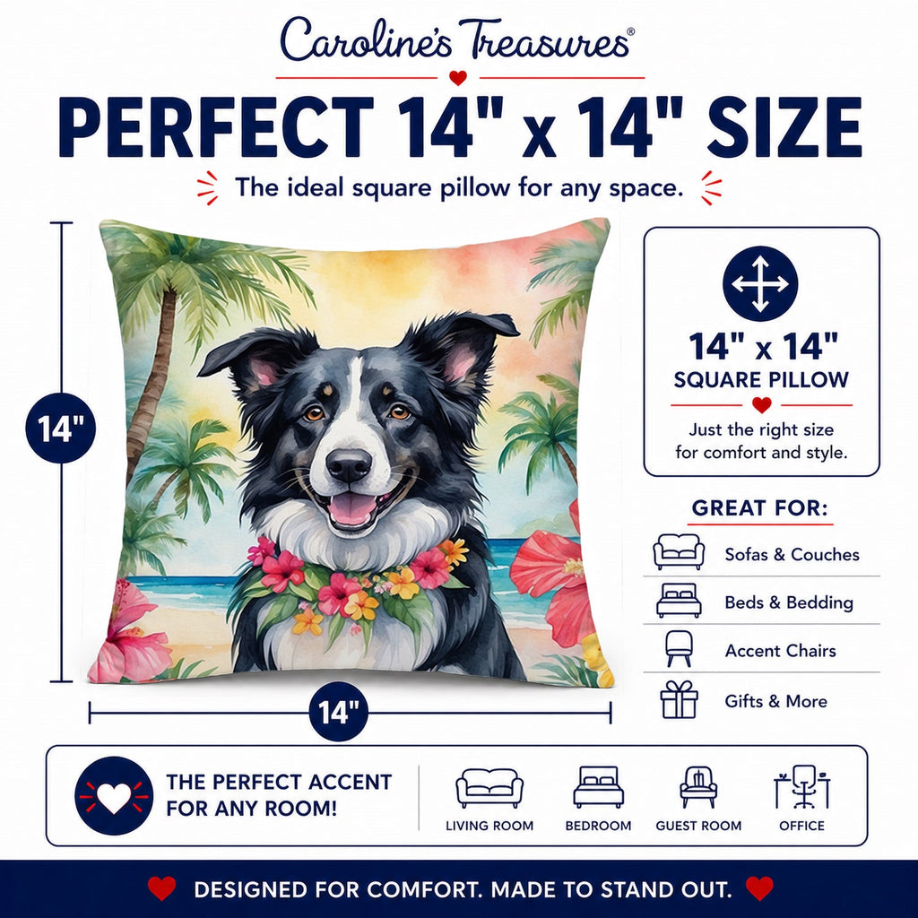 Border Collie Luau Decorative Throw Pillow 14x14 Indoor Outdoor Accent Cushion, Fabric Cover with Insert for Sofa, Bed, Porch & Living Room