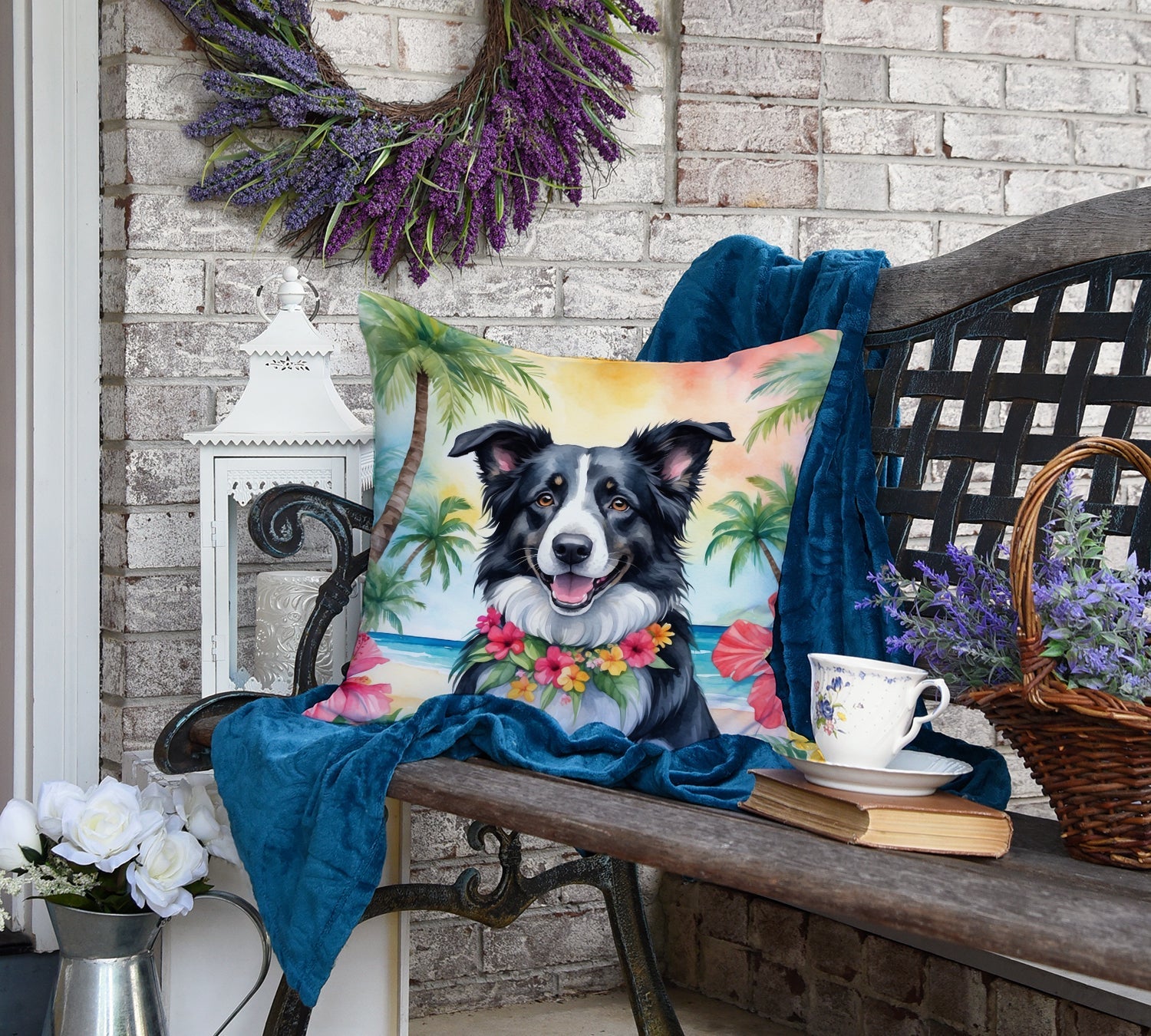 Border Collie Luau Decorative Throw Pillow 18x18 Indoor Outdoor Accent Cushion, Fabric Cover with Insert for Sofa, Bed, Porch & Living Room