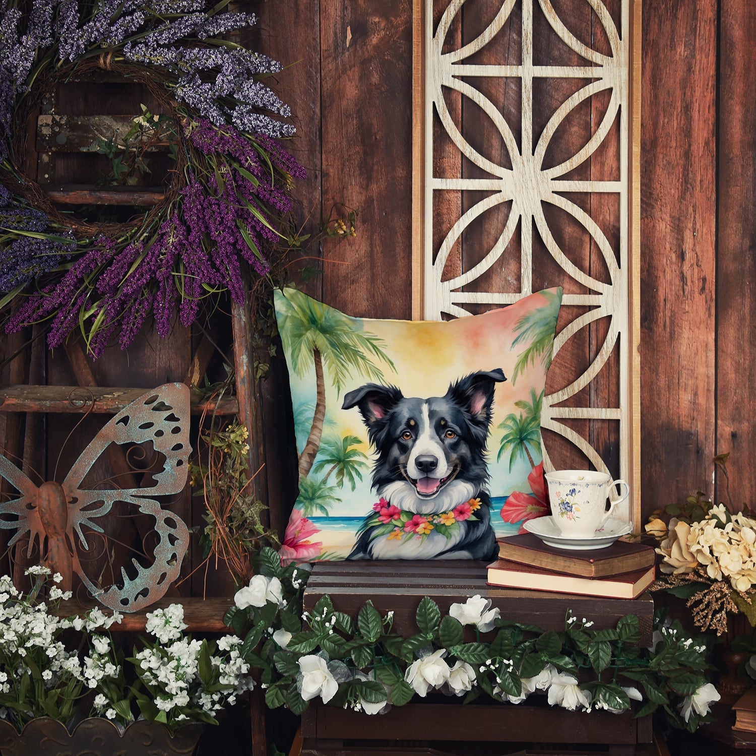 Border Collie Luau Decorative Throw Pillow 18x18 Indoor Outdoor Accent Cushion, Fabric Cover with Insert for Sofa, Bed, Porch & Living Room