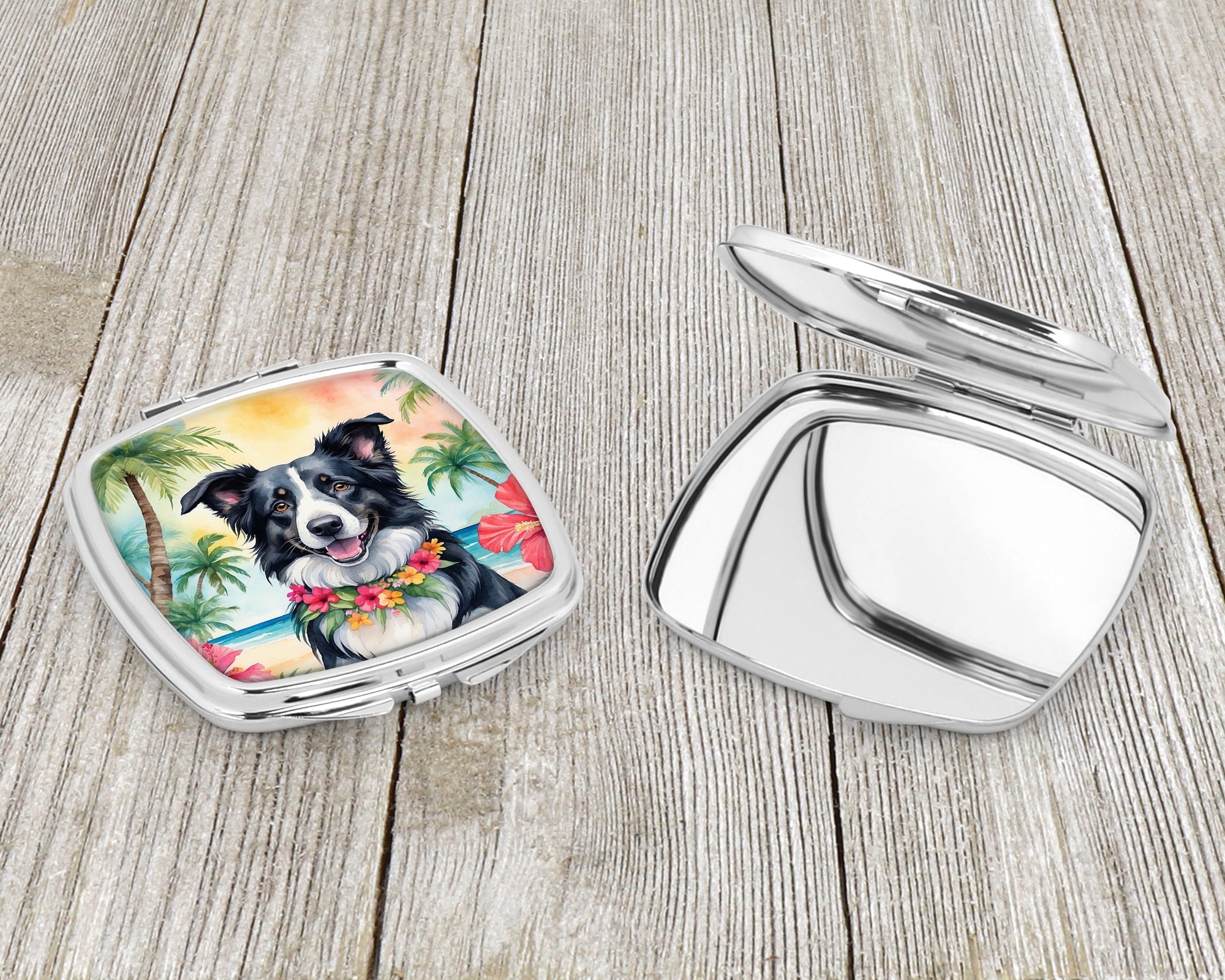 Border Collie Luau Compact Mirror Decorative Travel Makeup Mirror for Women Girls Gifts Pocket Makeup Mirror Folding Handheld