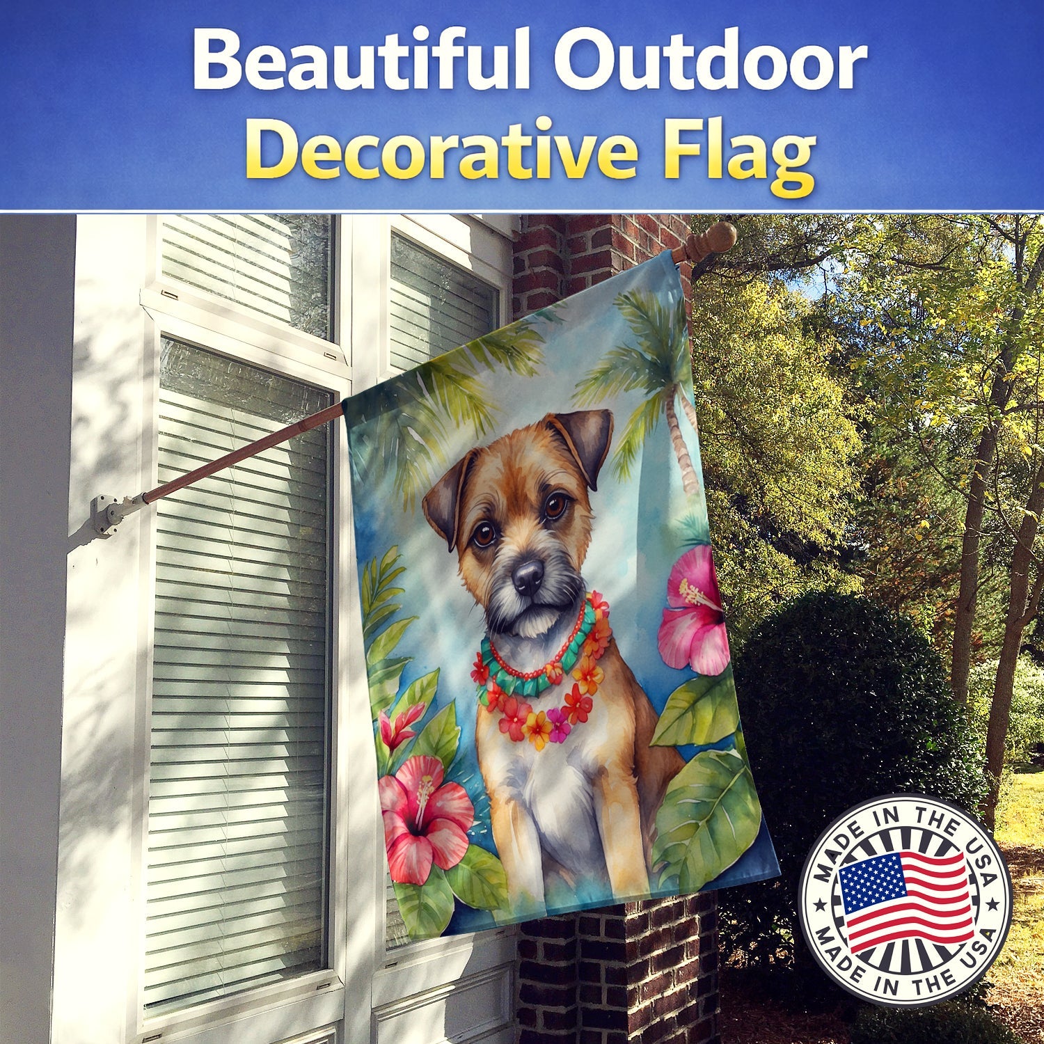 Border Terrier Luau House Flag 28x40 Porch Sleeve Pole Decorative Outside Yard Banner Artwork Wall Hanging, Polyester