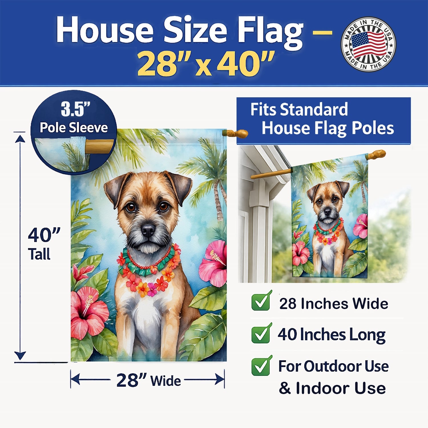 Border Terrier Luau House Flag 28x40 Porch Sleeve Pole Decorative Outside Yard Banner Artwork Wall Hanging, Polyester
