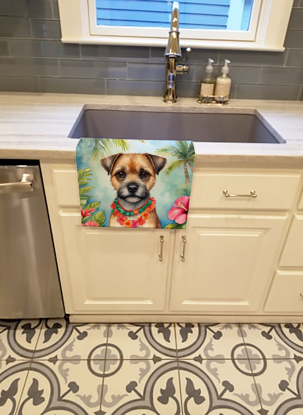 Border Terrier Luau Kitchen Towel Velour Plush Front and Cotton Loop Back Machine Washable