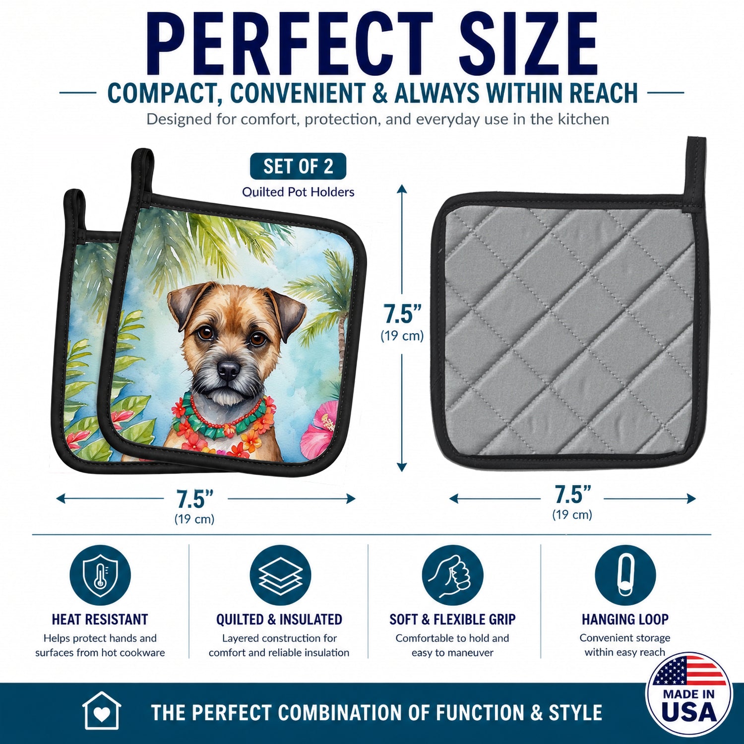Border Terrier Luau Pot Holder Set of 2 Heat Resistant Quilted Hot Pads 7.5 x 7.5 Inch, Insulated Kitchen Trivets for Cooking & Baking