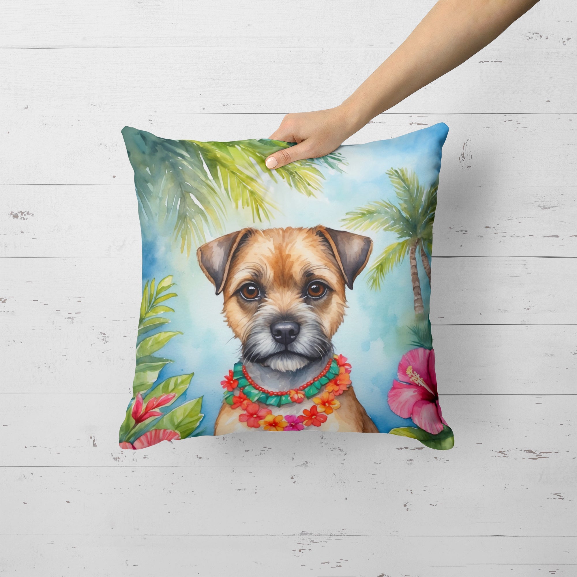 Border Terrier Luau Decorative Throw Pillow 18x18 Indoor Outdoor Accent Cushion, Fabric Cover with Insert for Sofa, Bed, Porch & Living Room