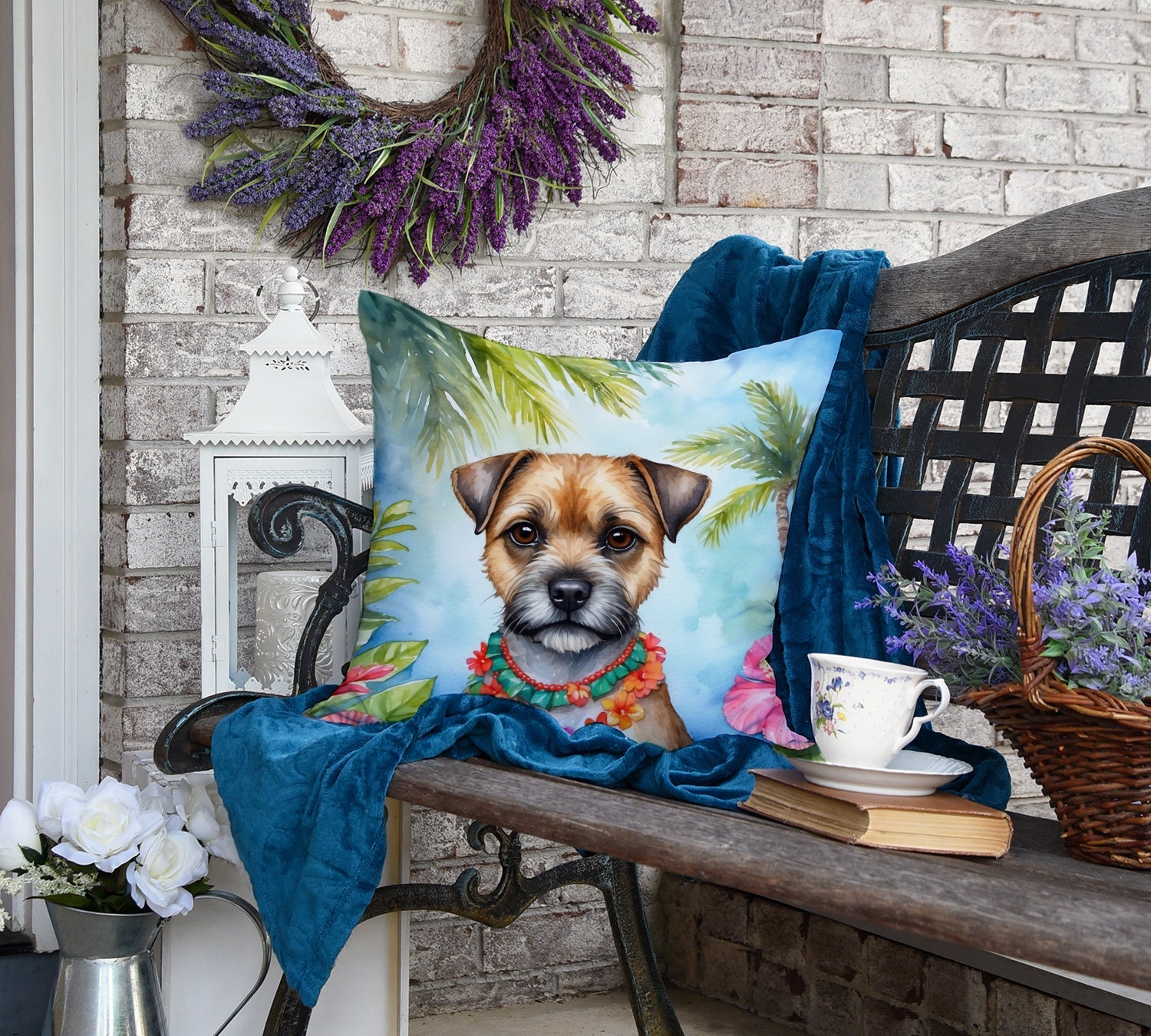 Border Terrier Luau Decorative Throw Pillow 18x18 Indoor Outdoor Accent Cushion, Fabric Cover with Insert for Sofa, Bed, Porch & Living Room