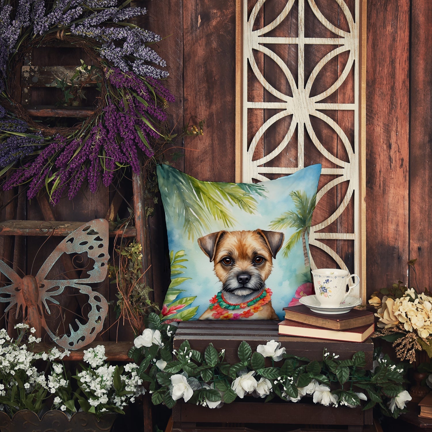 Border Terrier Luau Decorative Throw Pillow 18x18 Indoor Outdoor Accent Cushion, Fabric Cover with Insert for Sofa, Bed, Porch & Living Room