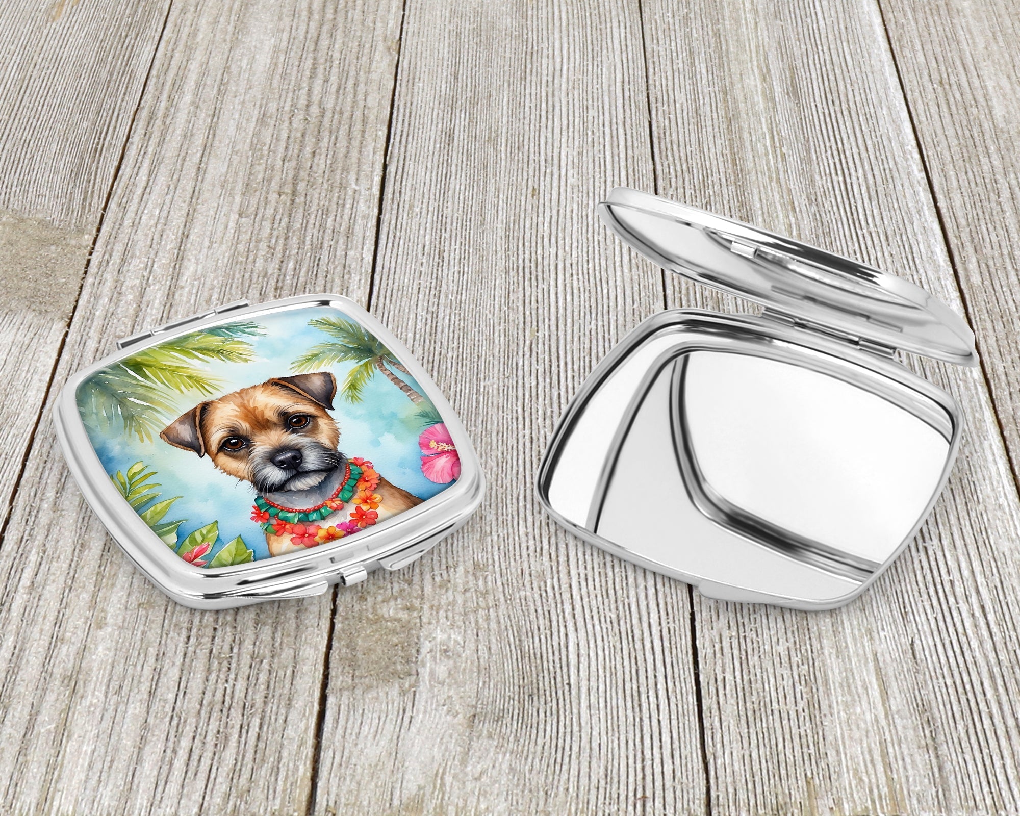Border Terrier Luau Compact Mirror Decorative Travel Makeup Mirror for Women Girls Gifts Pocket Makeup Mirror Folding Handheld