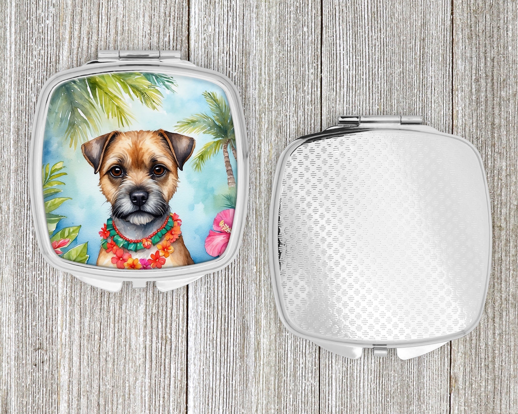 Border Terrier Luau Compact Mirror Decorative Travel Makeup Mirror for Women Girls Gifts Pocket Makeup Mirror Folding Handheld