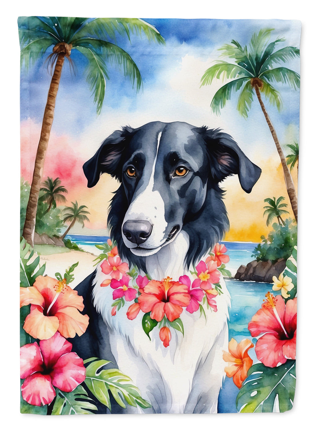 Borzoi Luau House Flag 28x40 Porch Sleeve Pole Decorative Outside Yard Banner Artwork Wall Hanging, Polyester