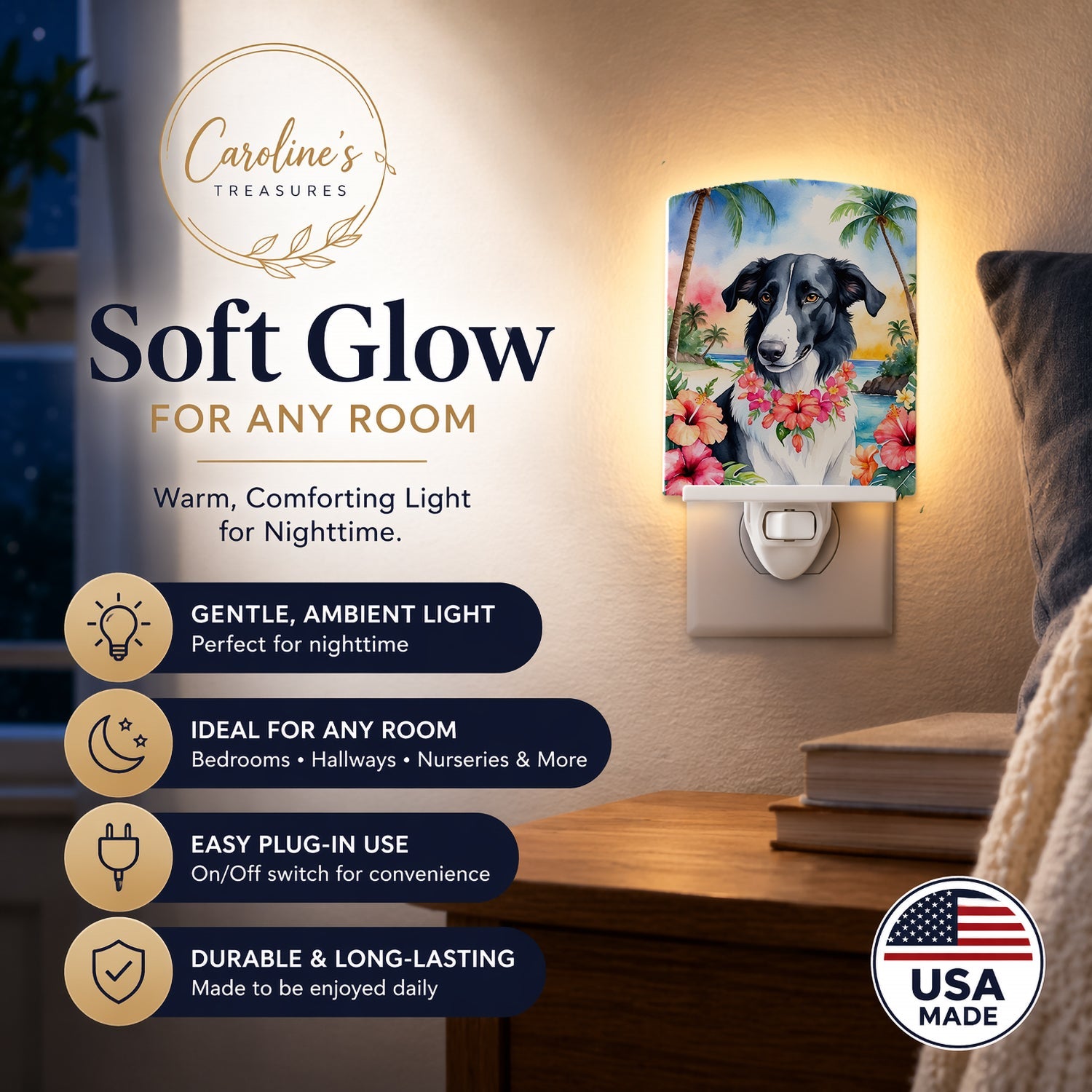 Borzoi Luau Ceramic Night Light Compact, UL-Certified, Ideal for Bedroom, Bathroom, Nursery, Hallway, Kitchen, 6x4x3, Multicolor