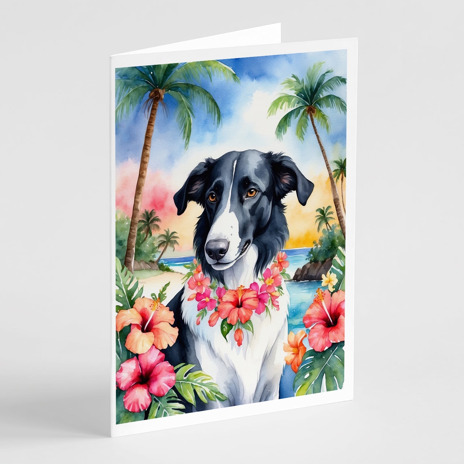 Borzoi Luau Greeting Cards Pack of 8 Blank Cards with Envelopes Whimsical A7 Size 5x7