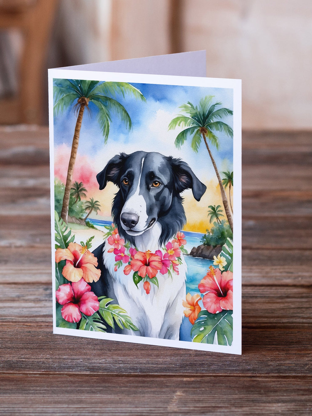Borzoi Luau Greeting Cards Pack of 8 Blank Cards with Envelopes Whimsical A7 Size 5x7