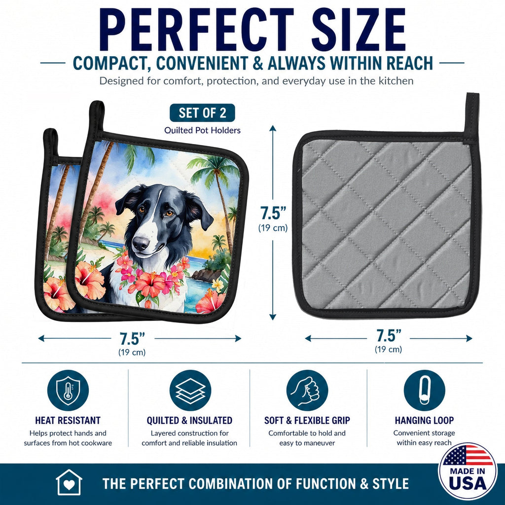 Borzoi Luau Pot Holder Set of 2 Heat Resistant Quilted Hot Pads 7.5 x 7.5 Inch, Insulated Kitchen Trivets for Cooking & Baking