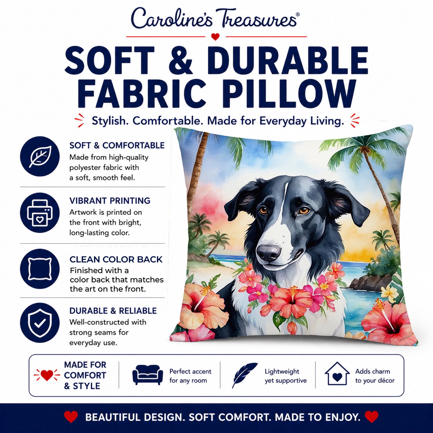 Borzoi Luau Decorative Throw Pillow 14x14 Indoor Outdoor Accent Cushion, Fabric Cover with Insert for Sofa, Bed, Porch & Living Room